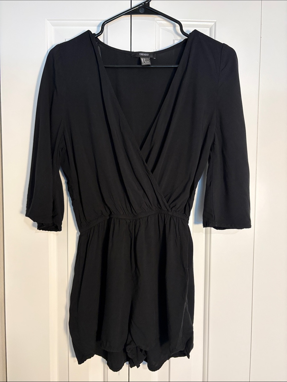 Forever 21 Black Wrap V-Neck Romper with 3/4 Sleeves